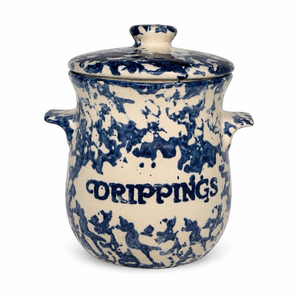 Vintage Blue Spongeware Stoneware Drippings Crock Grease Jar w/Lid Farmhouse